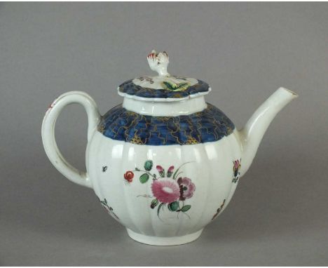 A Philip Christian Liverpool porcelain teapot and cover circa 1775 the reeded body enamelled with stylised sprays and sprigs 