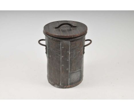 A large 19th century copper boiling hopper, studded, with applied iron handles and a planked wooden cover with handle, 59cm h