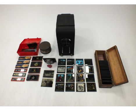 A pine case containing a selection of illustrated magic lantern slides, scenes of colonial subjects, 43 in total approximatel