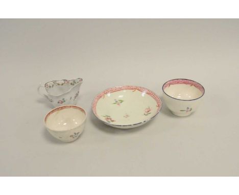 Two Caughley polychrome tea bowls and matching saucer circa 1792-95 enamelled in the Honeysuckle pattern, saucer 14.5cm diame