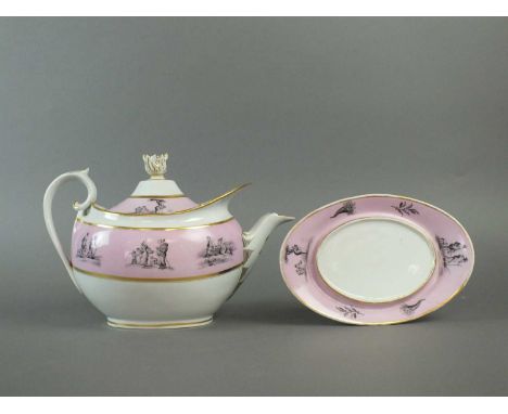 A Flight Barr and Barr teapot, cover and stand circa 1820 bat-printed with rural subjects on pale pink ground, stand impresse