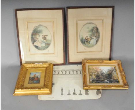A selection of pictures to include 'Gathering Wild Flowers, a study of two Victorian children, oil on board, signed verso, 13