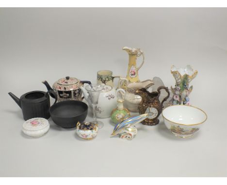 A mixed collection of ceramics and glassware including a Staffordshire copper lustre 'clock' jug, miniature twin-handled Coal