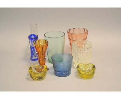 A collection of late 19th century and 20th-century glassware including a 1950s cocktail shaker decorated with a cockerel, an 