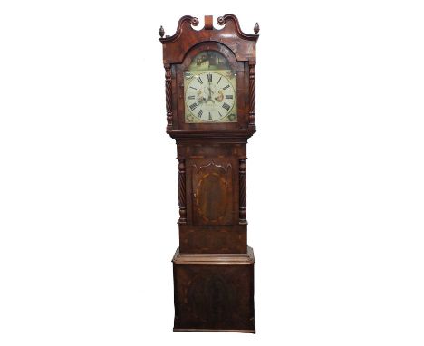 A 19th century mahogany veneered 8 day longcase clock, the 13" painted dial named C &amp; A Denz, Chester, below a painted sc