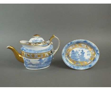 Liverpool Herculaneum porcelain teapot, cover and stand circa 1805 transfer-printed in underglaze blue with chinoiserie lands