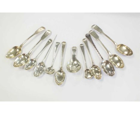 An 18 th century silver mote spoon, together with a silver caddy spoon, Samual Pemberton, Birmingham 1804, a George III shell