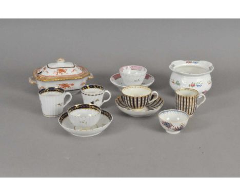 A mixed group of Caughley and Coalport late 18th and 19th centuries including a cobalt and gilt striped trio of coffee cup, t