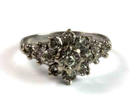 An 18ct white gold fancy diamond cluster ring, (K).