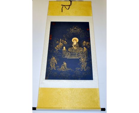 A Chinese silk mounted scroll of the Buddha, W. 69cm.