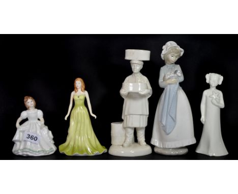 Two Royal Doulton figures, a Nao figure, a Worcester figure and a Gladstone Pottery figure.