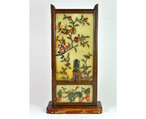 A 19th / early 20th century wooden mounted Chinese jade panel set with semi-precious stones, H. 31cm.