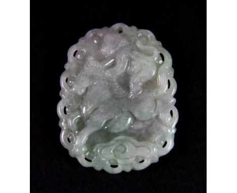 A finely carved mixed colour jade amulet of a monkey riding a horse, L. 5cm.
