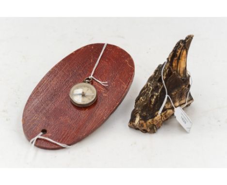 A baby elephants tooth, a Wejhi board (3) 1920s/30 and a chrome plated compass together with a pair of Japanese wooden shoes,