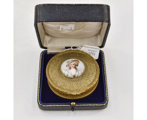 A boxed trinket box, having hand painted portrait of lady to centre, silk lined, standing on four bun feet 
