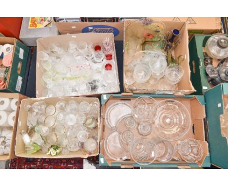 Four boxes of assorted glassware, including Stuart, cut glass, circa 1960s glassware, vases, glass lamp shades, Chance glass,