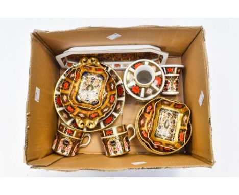 A box of Royal Crown Derby 1128 Imari pattern, trinket dishes, vases etc with two 1128 coffee cans and saucers