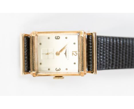 Longines, a circa 1940's gentleman's 14ct gold Longines wristwatch, 2cm rectangular silvered dial with subsidiary seconds dia