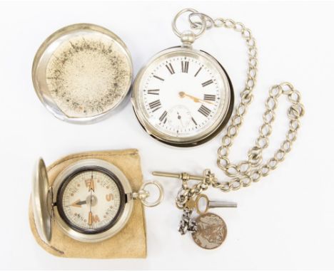 A silver plated pocket watch and casing with keys and Albert chain, together with a silver plated cased Edwardian compass in 