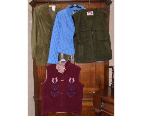 An Aquascutam padded jacket, a Helly Hanson gillet, an Anne David applique gillet, and a 1970s sage green tailored suede jack