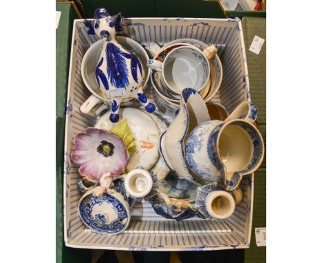 A box of blue and white ceramics including early Worcester jug, etc 