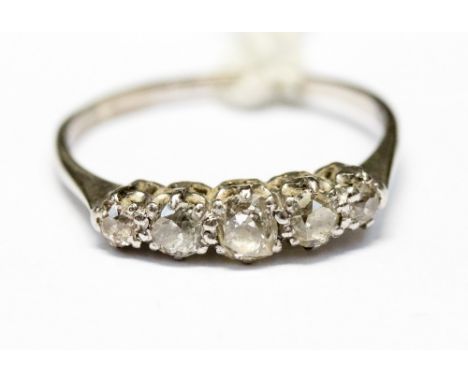 A diamond and platinum  five stone ring, claw set with old cut diamonds, size Q, with a total gross weight approx 2.7gms