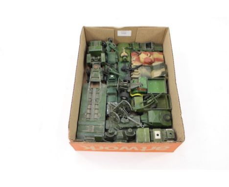 A box of assorted playworn Dinky and Corgi military vehicles to include: Scout Car, Armoured Car, Field Artillery Tractor and