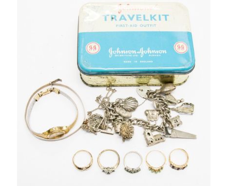 A tin of various rings (6) Accurist watch, bangle, silver charm bracelet, etc, 18ct ring, 9ct ring 