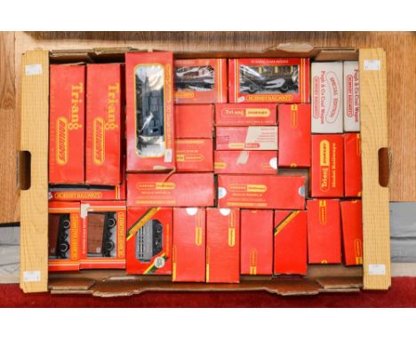 Hornby: One box of assorted goods wagons and others to comprise: R249 (2), R101, R010, R079, R023, R103 (3), R733, R114 (2), 