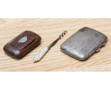 Hallmarked solid silver case, Birmingham 1925, wood snuff case and another pearl handled implement (3)