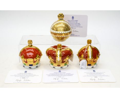 Four Royal Crown Derby Crown paperweights: Queen Mother 100th Birthday, limited edition 354/950, Golden Jubilee Heraldic Crow