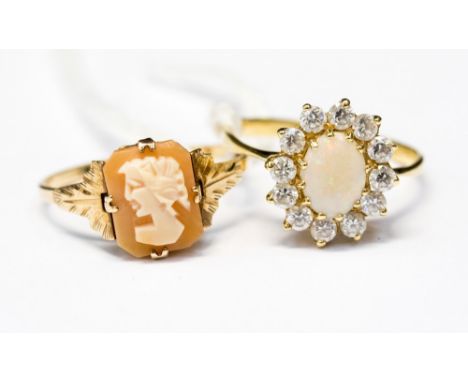 An eighteen carat gold, opal and clear white stone, ladies dress ring, together with a nine carat gold ladies cameo ring, app