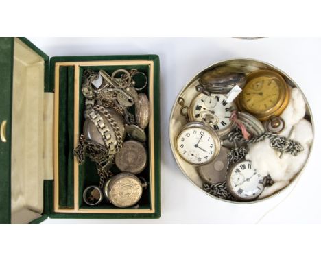 Assorted silver pocket watches, a Victorian silver locket, Victorian white metal chain, yellow metal chain, white metal ring,