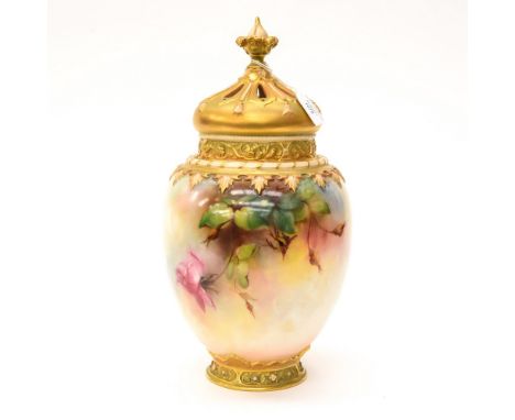 A Royal Worcester port pourri vase cover, rose painted signed J Southall 