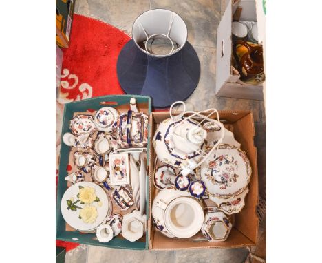 Two boxes of Masons Mandalay pattern ceramics to include large lamp, clock, teapot, etc, along with seven decorative plates (