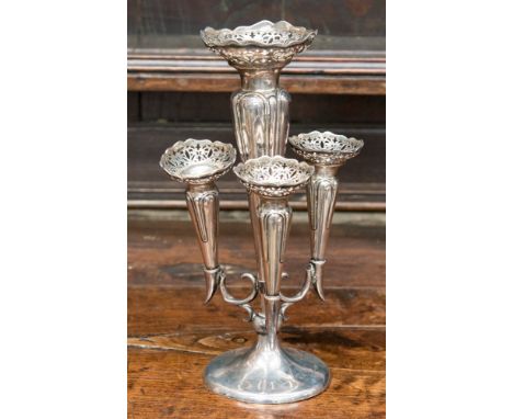 A George V silver epergne with central posy vase with pierced flared rim and three further trumpet vases on circular base, Ch