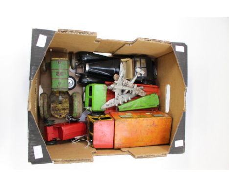 A Red Triang tinplate tractor, a tinplate recovery truck, a Green Meltoy tinplate tractor, a/f, a Meltoy Royal Mail Van and f