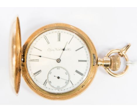 Elgin National Watch Co, a  late 19th Century 14kt gold full hunter top wind pocket watch, 5cm bright cut engraved case with 