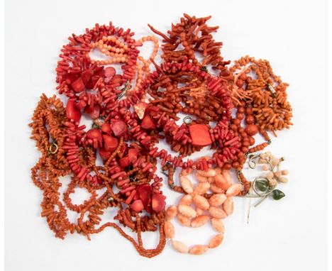 Branch pick coral necklaces, a carved bead necklace, graduated coral bead necklace, reconstituted and dyed red coral necklace
