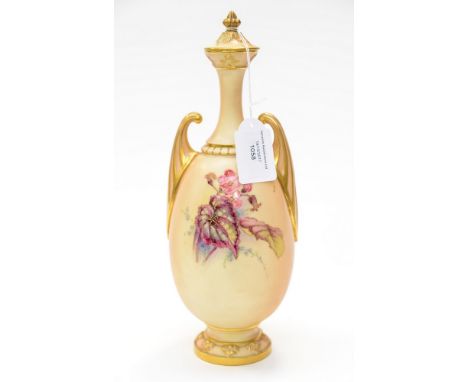 Royal Worcester blush ivory bat wing vase, having a begonia leaf pattern, purple back stamp reg no 419212.2307