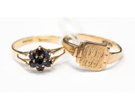 A 9ct gold sapphire cluster ring with a 9ct gold signet ring, weighing approx 1.9gms (2)