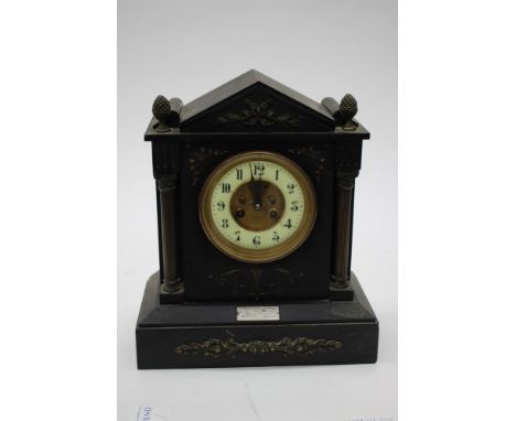 A 19th Century black slate mantle clock, classical form with Corinthian columns, 1892 