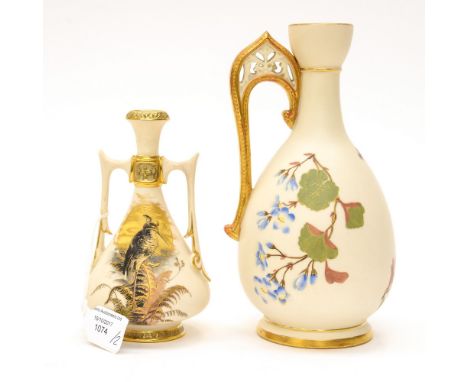 Two Royal Worcester blush ivory vases, circa 1880, a smaller twin handled vase with a wading bird painted design, unsigned 15