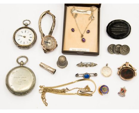 Lot of assorted items, pocket watch, compass, 1930s watch (af), amethyst necklace and earring suite, brooches, etc, thimbles,