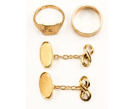 A pair of 9ct gold cufflinks with oval and figure of eight terminals, a 9ct wedding band and a 9ct signet ring, approx 18 gra