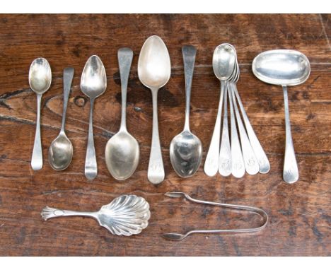 A collection of Old English Pattern silver flatware including a set of five egg spoons, London, 1806, maker's marks indistinc