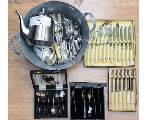 Assorted boxed cutlery to include bean finial coffee spoons, pastry fork, etc and a galvanized decorative bowl with loose cut