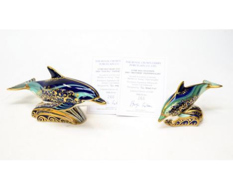 Royal Crown Derby first quality Lyme Bay Dolphin first quality, with Lyme Bay Baby Dolphin, both limited edition 266/1500, bo
