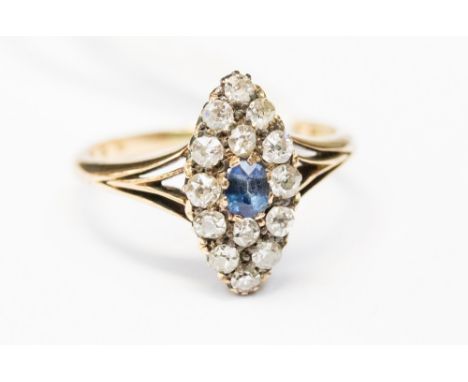 A sapphire and diamond marquise clasped cluster ring, size M, set in 18ct gold 