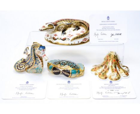 Royal Crown Derby Crocodile with certificate, with Cromer Crab with box, Octopus, limited edition 100/2500 and Coral Seahours